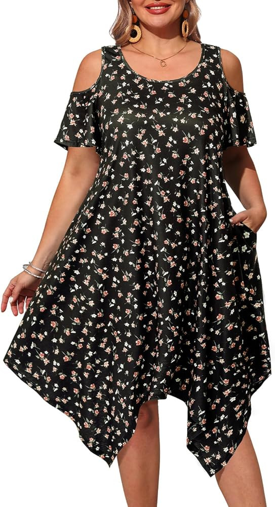 Pinup Fashion Plus Size Sundresses - Summer Casual Cold Shoulder Handkerchief Hem Midi Dress with... | Amazon (US)