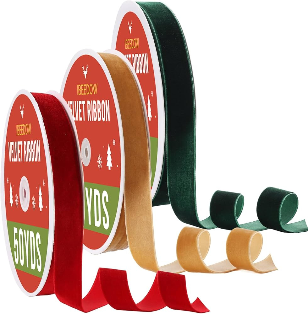 3 Rolls Velvet Ribbon Set 1" x 50Yards for Christmas Tree Single Face Vintage Velvet Ribbon for C... | Amazon (US)