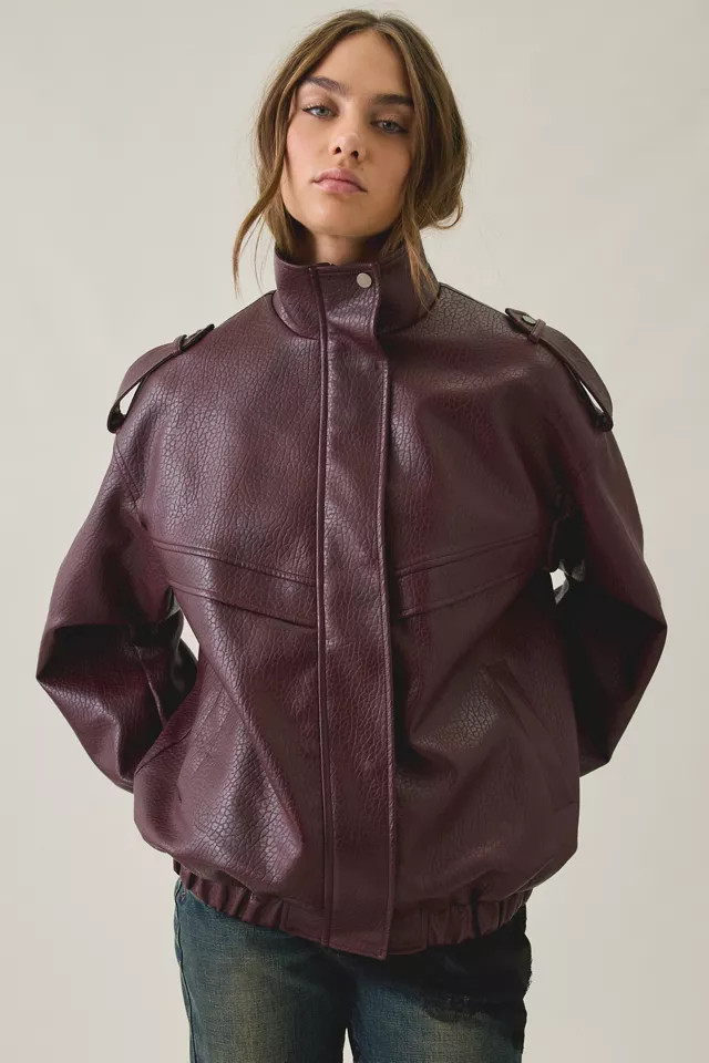 Azalea Wang UO Exclusive Narelle Oversized Faux Leather Bomber Jacket in Maroon Faux Leather, Women's at Urban Outfitters | Urban Outfitters (US and RoW)