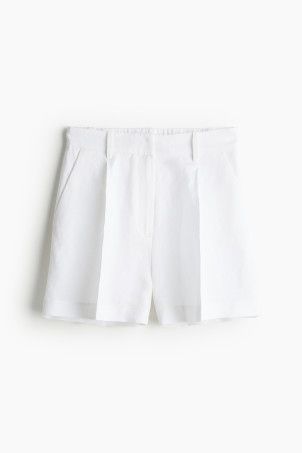 Linen-blend Shorts - High waist - Short - Light beige - Ladies | H&M US | H&M (US + CA)
