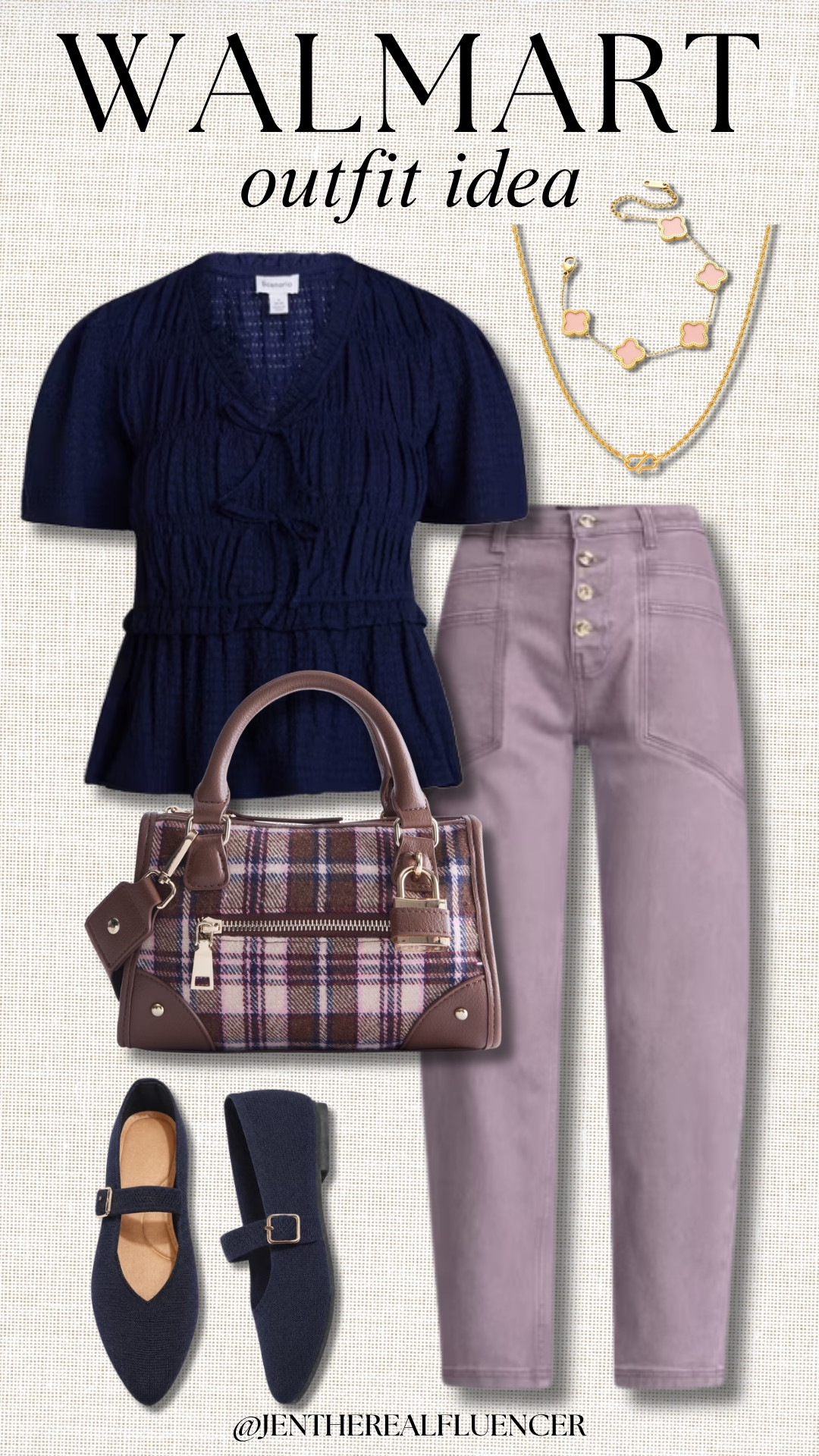 Walmart - Outfit Idea!

LUXIRO LIFESTYLE Gold Tone Twisted Rope Chain Necklace, XUANZHANG JEWELRY Pink Four-Leaf Clover Adjustable Bracelet, SCENARIO Dark Navy Textured Tie Front Top, SCOOP  Purple Fog High Rise Tapered Leg Pants, MADDEN NYC Brown Flannel Plaid Small Top Handle Handbag, PENNYSUE Navy Pointy Toe Mary Jane Flats  

 #LTKootd #LTKWorkwear #LTKTravel
