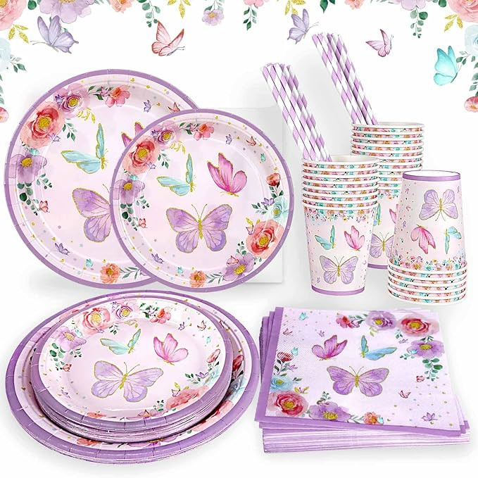 125Pcs Butterfly Birthday Baby Shower Decorations Party Plates Set for 25 Guests,Purple Girl Plat... | Amazon (US)
