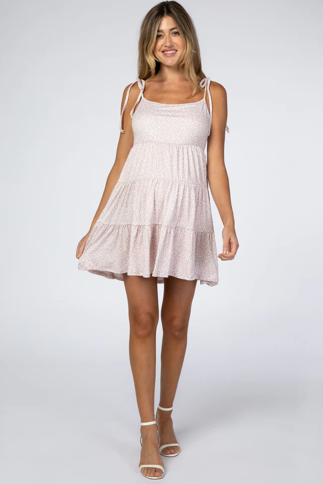 Light Pink Dotted Tiered Shoulder Tie Maternity Dress | PinkBlush Maternity