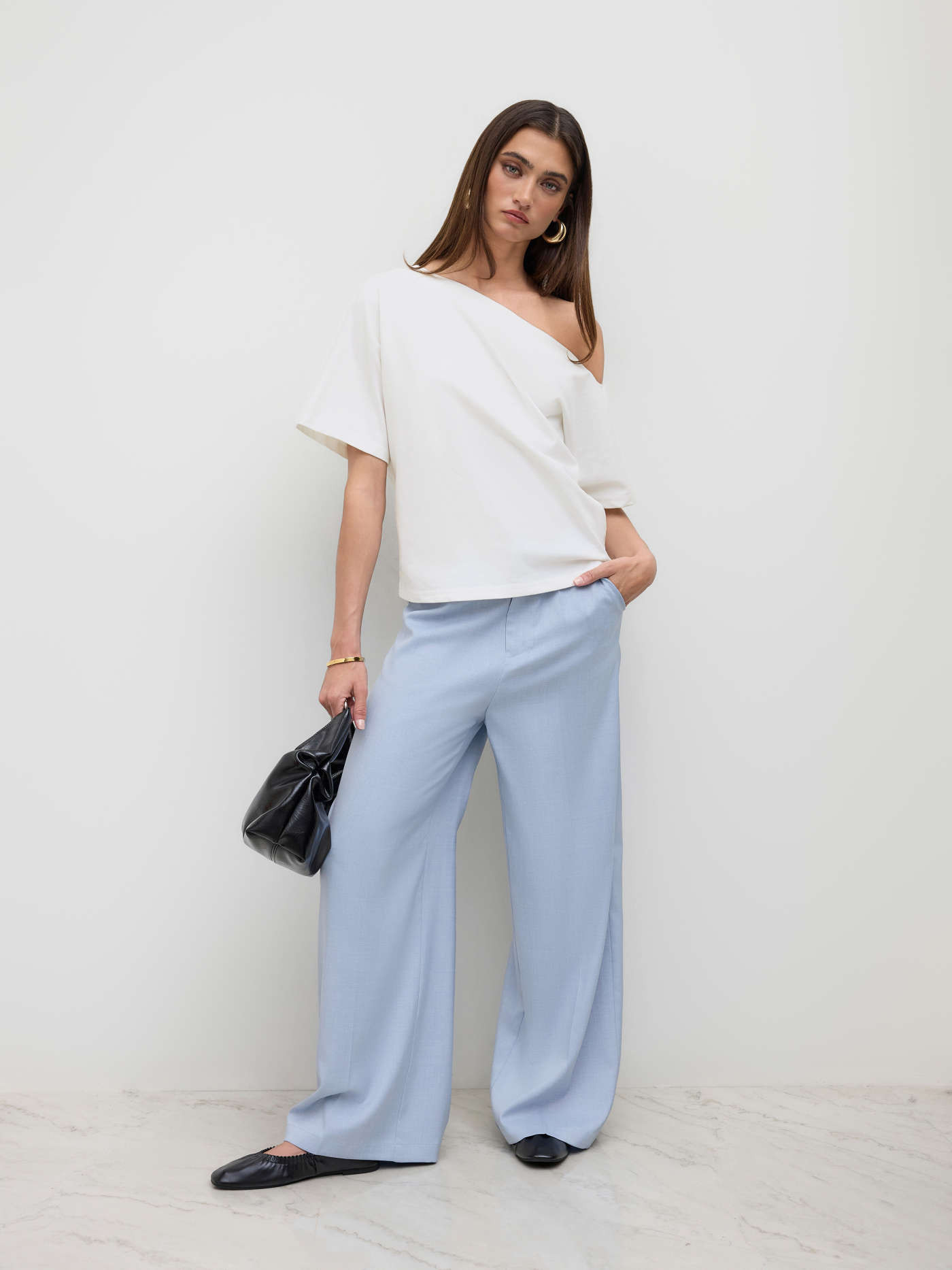 Knit Fabric Cotton-blend Asymmetrical Neck Ruched Tee For Daily Casual | Cider