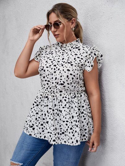 Plus All Over Print Ruffle Trim Peplum Blouse | SHEIN