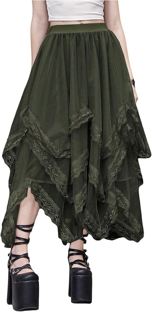SHENHE Women's Lace Trim Layered Mesh Tulle Skirt High Waist Asymmetrical Long Goth Skirt | Amazon (US)