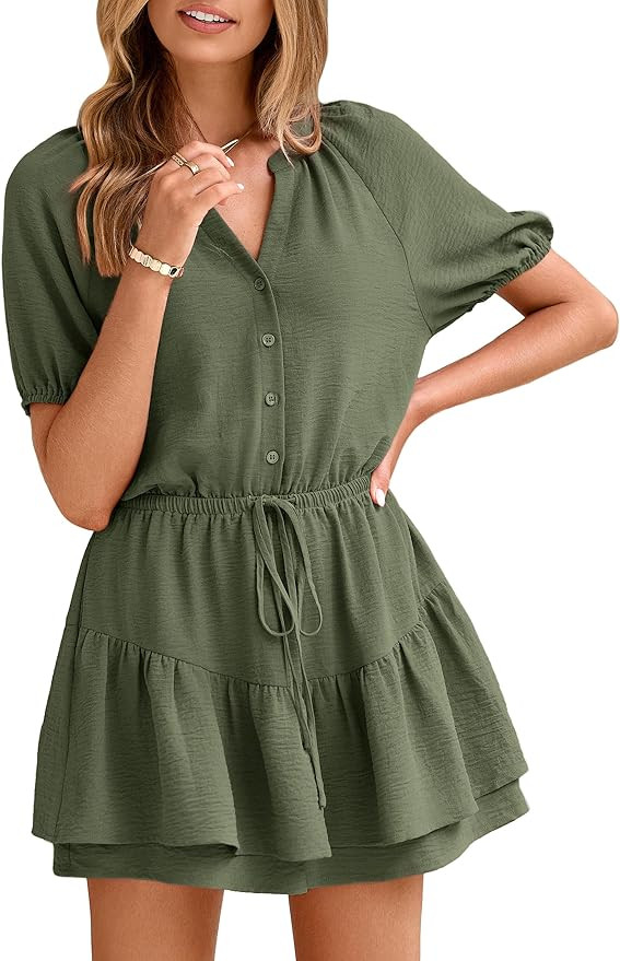 Simplee Womens Cute Summer Rompers - Casual V Neck Short Sleeve Ruffle Boho Romper Dresses Beach ... | Amazon (US)