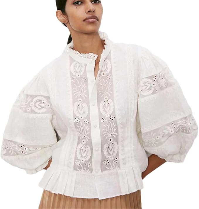 Women's White Lace Shirts Floral Embroidery Summer Blouses Puff Sleeve Bohemian Shirt | Amazon (US)