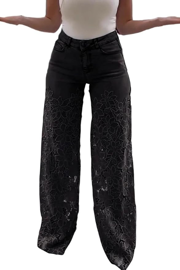 Women's High Waisted Wide Leg Jeans with Lace Patchwork, Hollow Out Floral Denim Pants | Amazon (US)