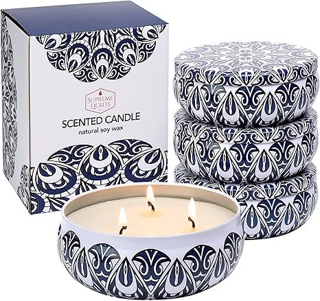 Citronella Candles Outdoor & Indoor, 4 x 12oz Scented Candles Large, Soy Wax 3 Wick Tin Gift Set ... | Amazon (US)