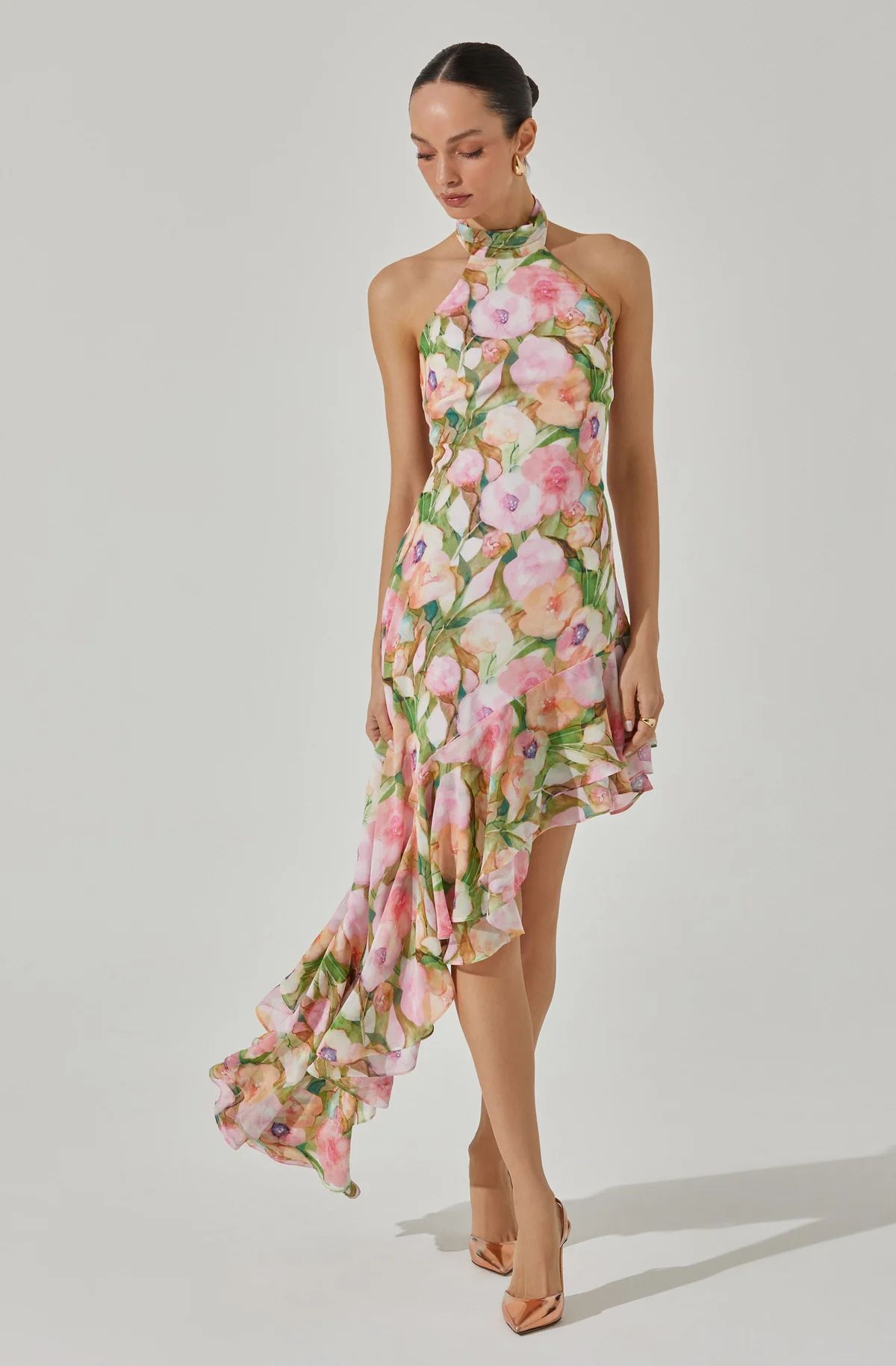 Asymmetric Floral Halter Midi Dress | ASTR The Label (US)