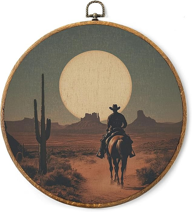 AYQJCBGC Vintage Western Round Framed Wall Art, Cowboy Silhouette in Desert Moonlight Rustic Farm... | Amazon (US)