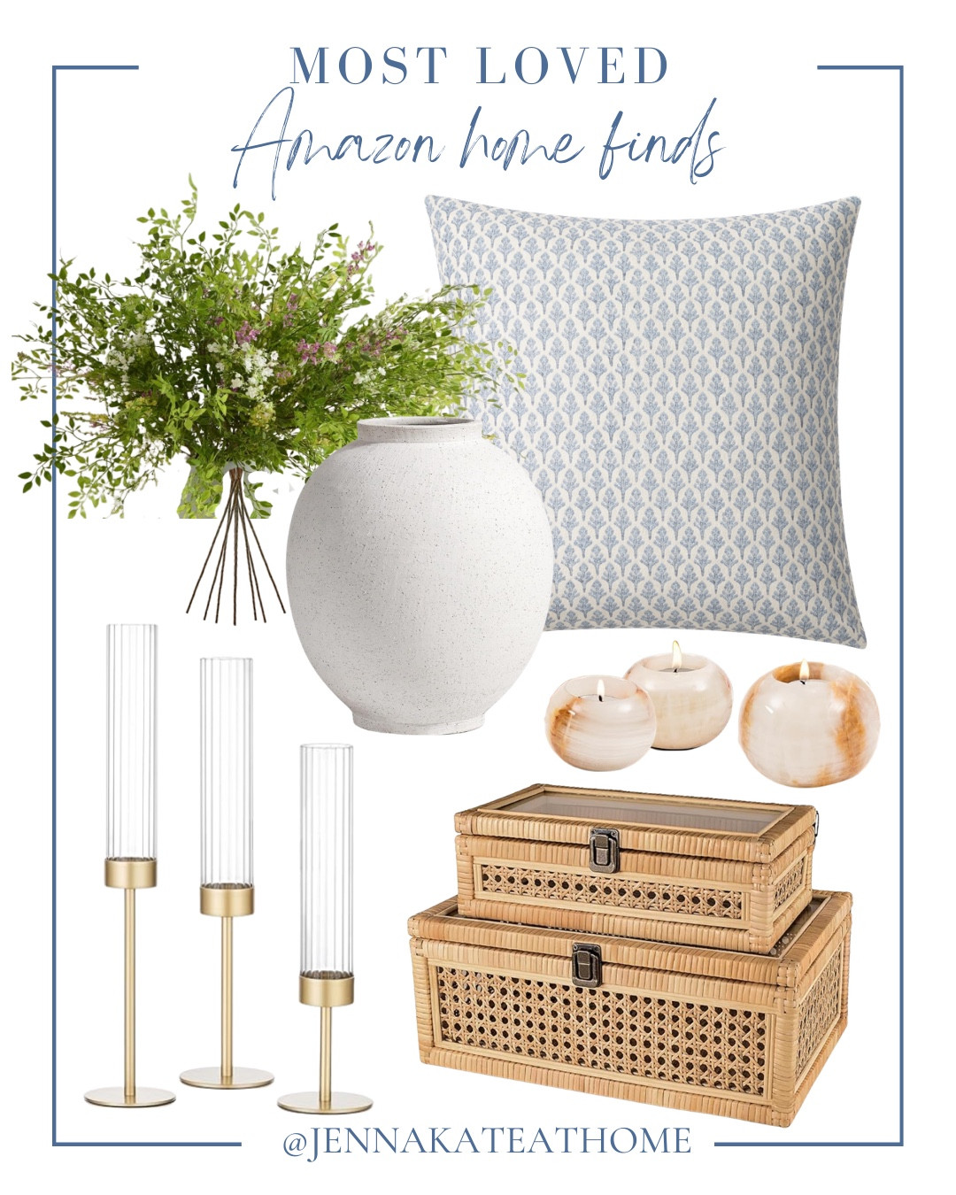 Most Loved Amazon home finds include throw pillow, vase, greenery stems, candle holders, decorative box, and candle holders.

Home decor, coastal decor, looks for less, coastal home 

#LTKHome #LTKvlog #LTKSeasonal