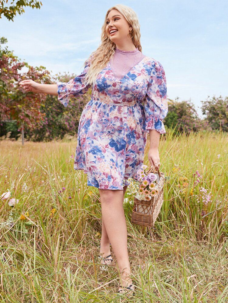 SHEIN Plus Floral Print Flounce Sleeve Dress | SHEIN