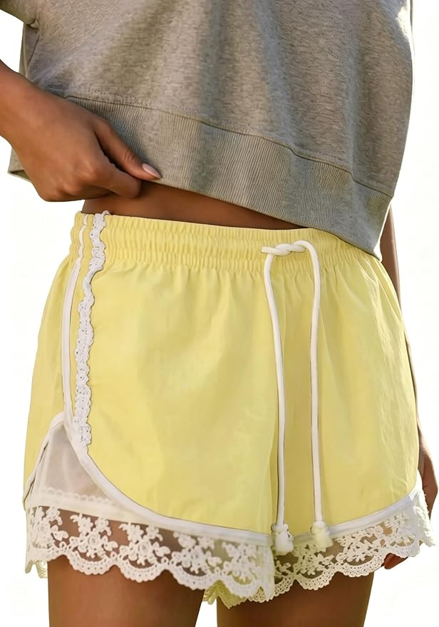 Womens Lace Trim Drawstring Shorts Casual Elasticated Summer Y2K Beach Bottoms Athletic Shorts | Amazon (US)