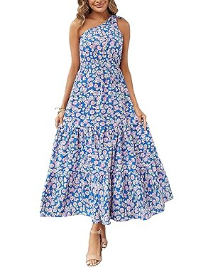 PRETTYGARDEN Womens 2024 Floral Knot One Shoulder Sleeveless Ruffle Hem Flowy Boho Dresses | Amazon (US)