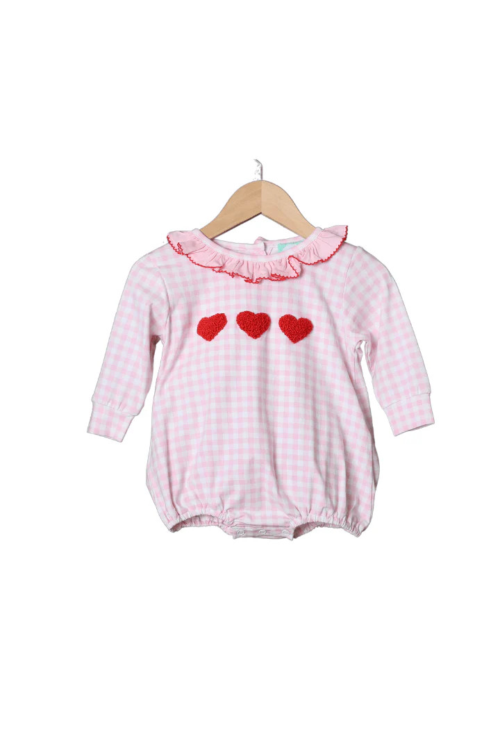 French Knot Red Heart Pink Gingham Knit Ruffle Bubble | The Smocked Flamingo