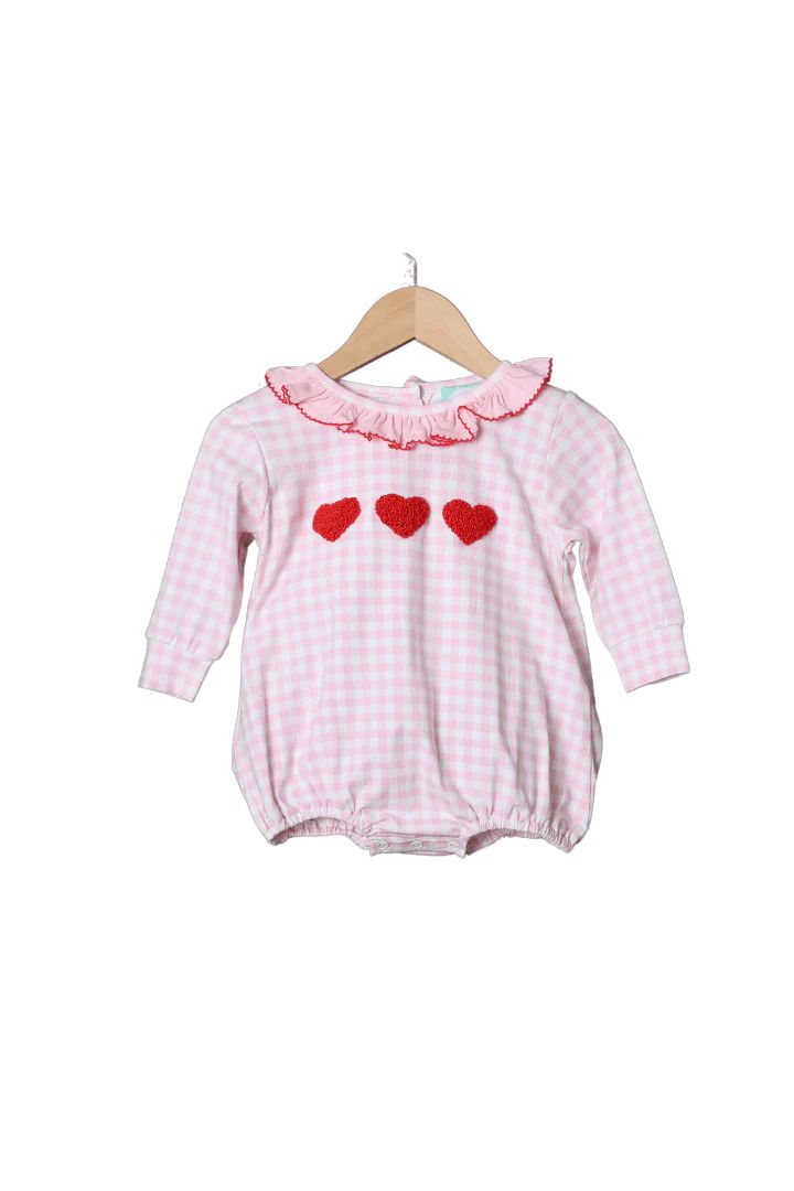 French Knot Red Heart Pink Gingham Knit Ruffle Bubble | The Smocked Flamingo