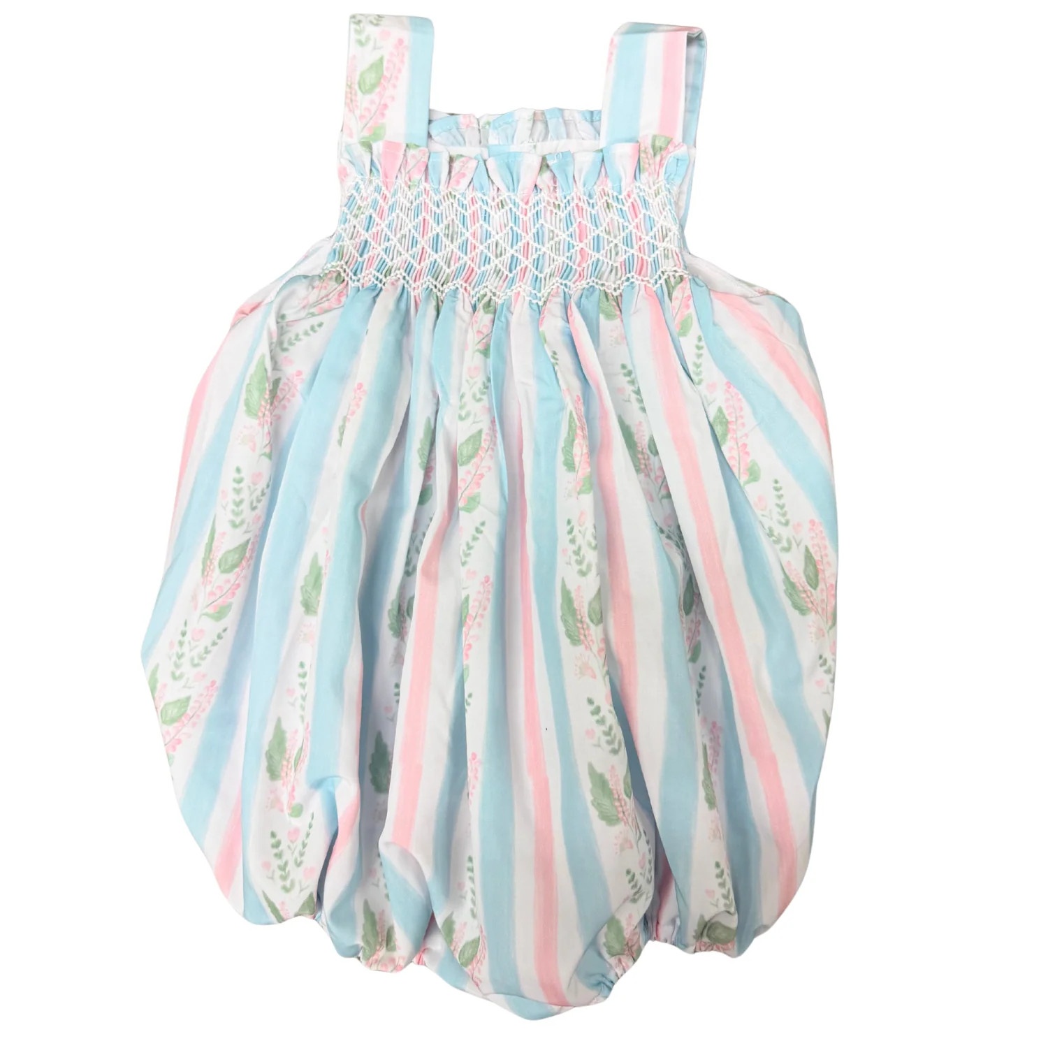 Girls Blue Floral Stripe Smocked Bubble | Hamner Hill