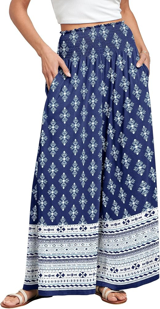 ANRABESS Women Palazzo Pants Summer Boho Bagyy Wide Leg High Smocked Waist Casual Loose Lounge Pa... | Amazon (US)