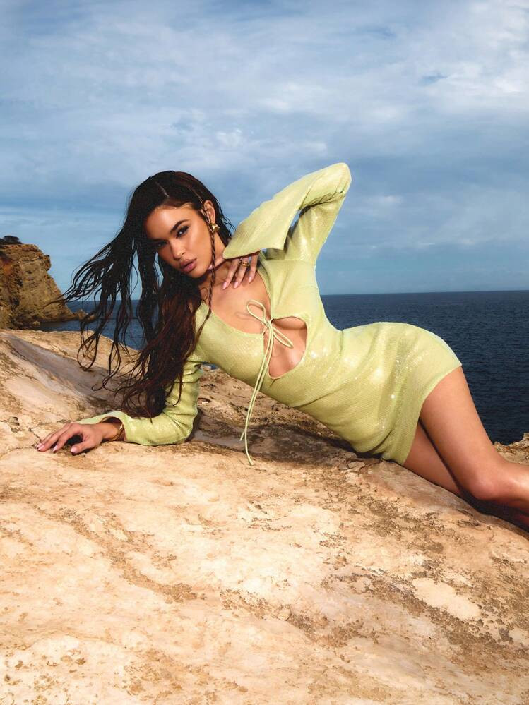 MUSERA Sequin Tie Front Flare Sleeve Mini Dress Vacation Festival | SHEIN