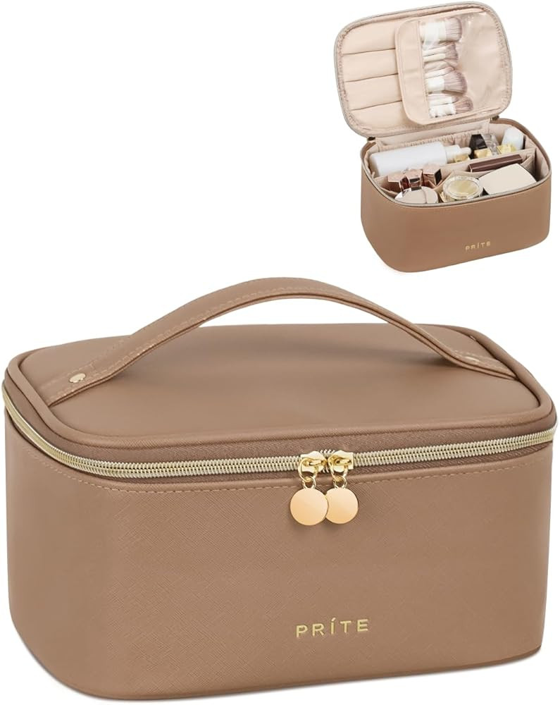 Prite Makeup Bag Portable Cosmetic Organizer with Brush Holder Waterproof Travel Toiletry Bag for... | Amazon (US)