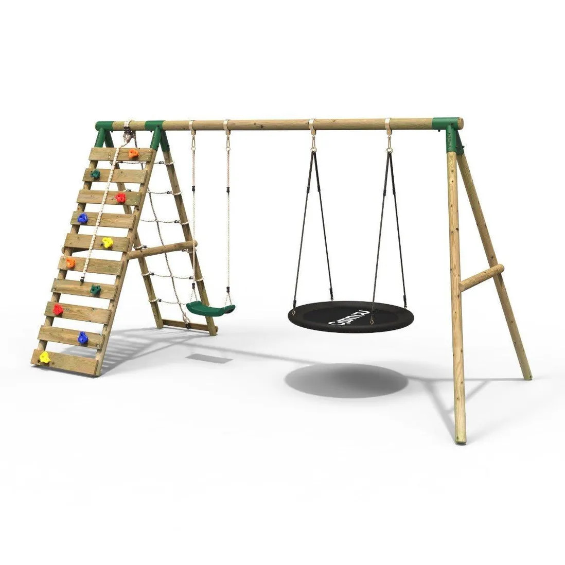 Outdoor Toys | Wooden Double Swing Set with Nest Swing and Climbing Wall - Vale Green | Rebo | Debenhams UK