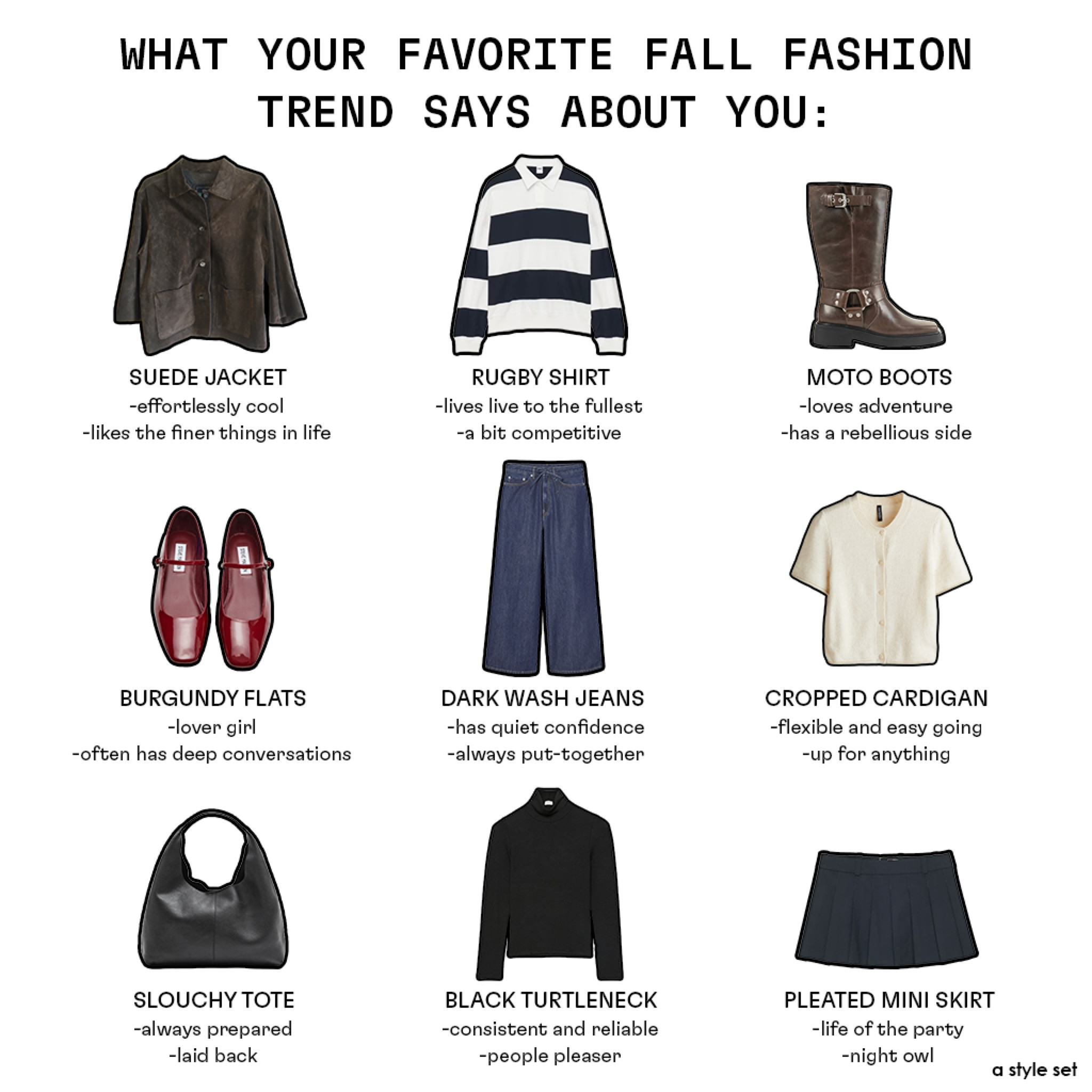 which fall fashion trend are you? 👀 full style guide with outfits and more links to shop on astyleset.com/fall-outfits 

#falloutfit #fallfashion #falltrends 

#LTKStyleTip #LTKFallSale