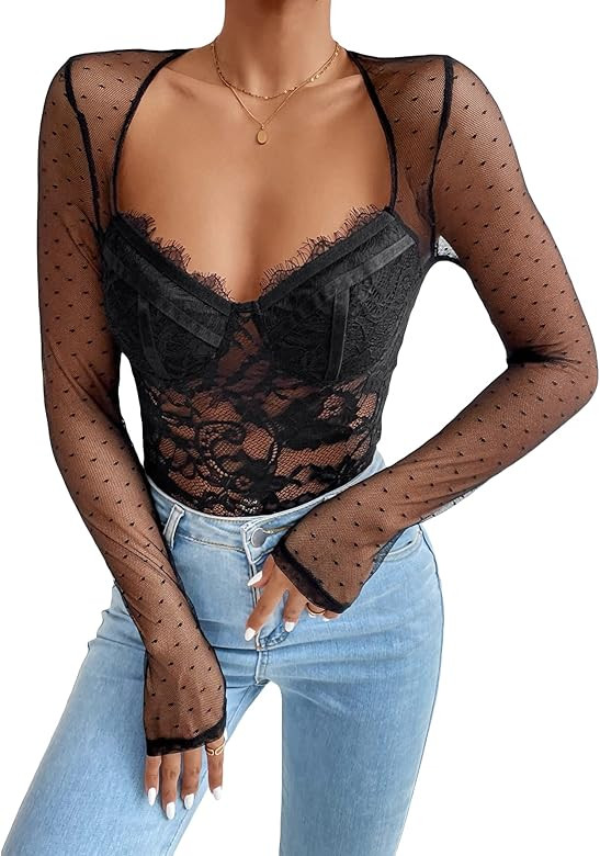 WDIRARA Women's Polka Dots Lace Sweetheart Neck Mesh Long Sleeve Skinny Bodysuit | Amazon (US)