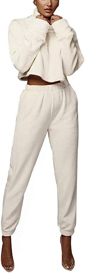 Women 2 Piece Outfits Long Sleeve Pullover Sherpa Fleece Sweatshirt Crop Top with Bodycon Long Pa... | Amazon (US)