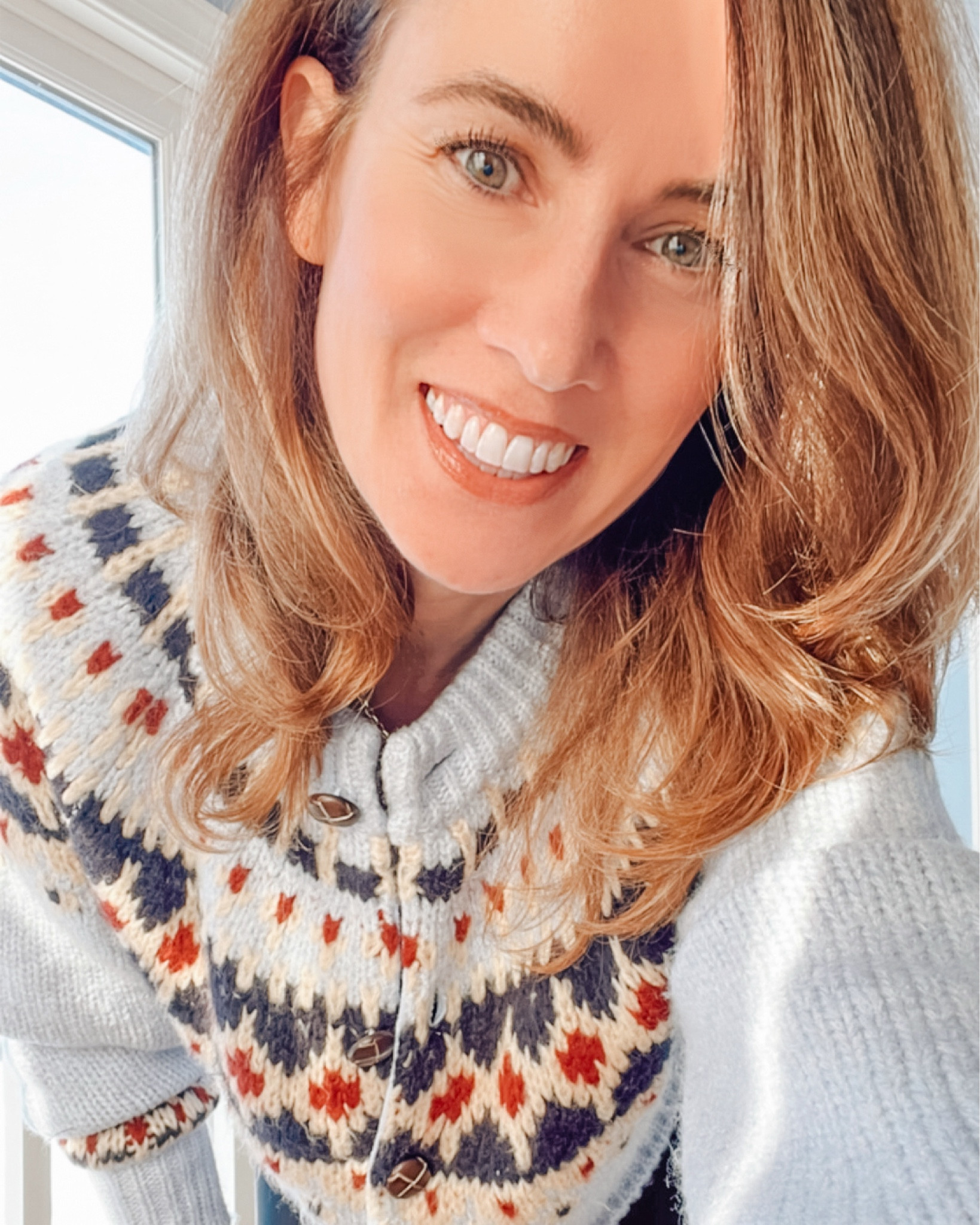 Cozy blue fair isle chunky knit cardigan for $20 with Plush fleece lined leggings - Winter Outfit - Casual Sunday outfit #over40style #cardiganSweater #WinterStyle

#LTKFindsUnder100 #LTKOver40 #LTKSaleAlert