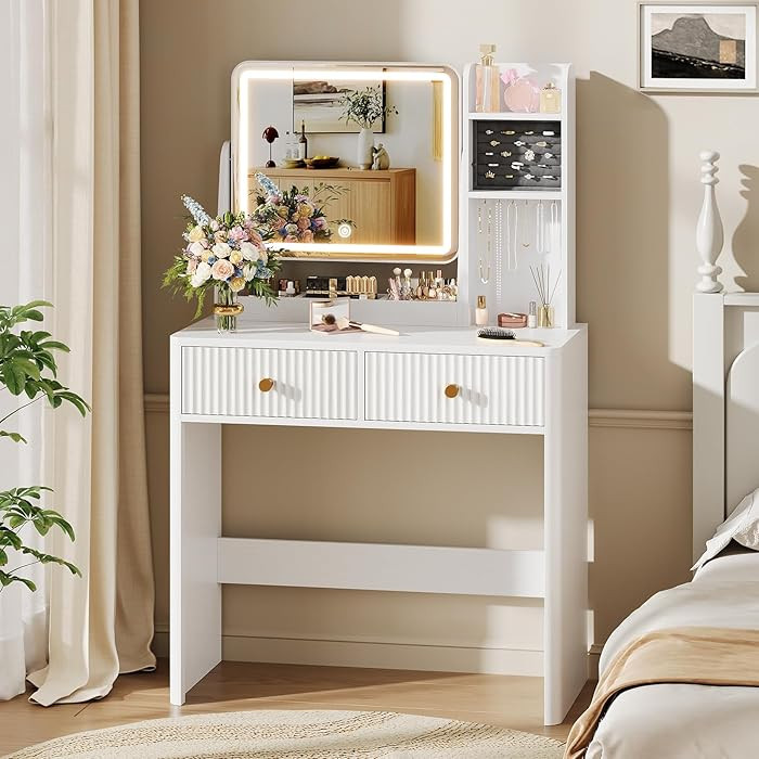 Fluted Vanity Desk with Mirror and Lights, Small Makeup Vanity with 2 Drawers and Jewelry Storage... | Amazon (US)