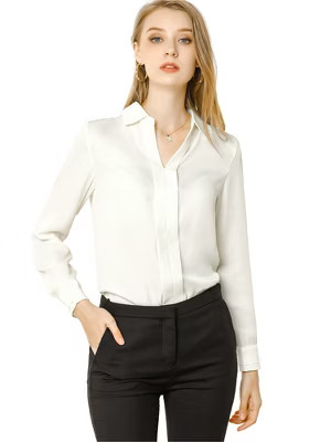 INSPIRE CHIC Women's Elegant V Neck Long Sleeve Office Work Satin Shirt | Target