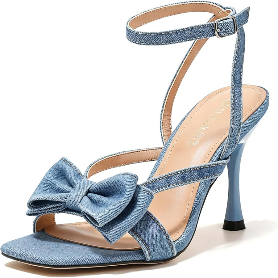 Women's Bow Square Open Toe Stiletto Denim Sandals with Criss Ankle Buckle Sexy Backless Comforta... | Amazon (US)