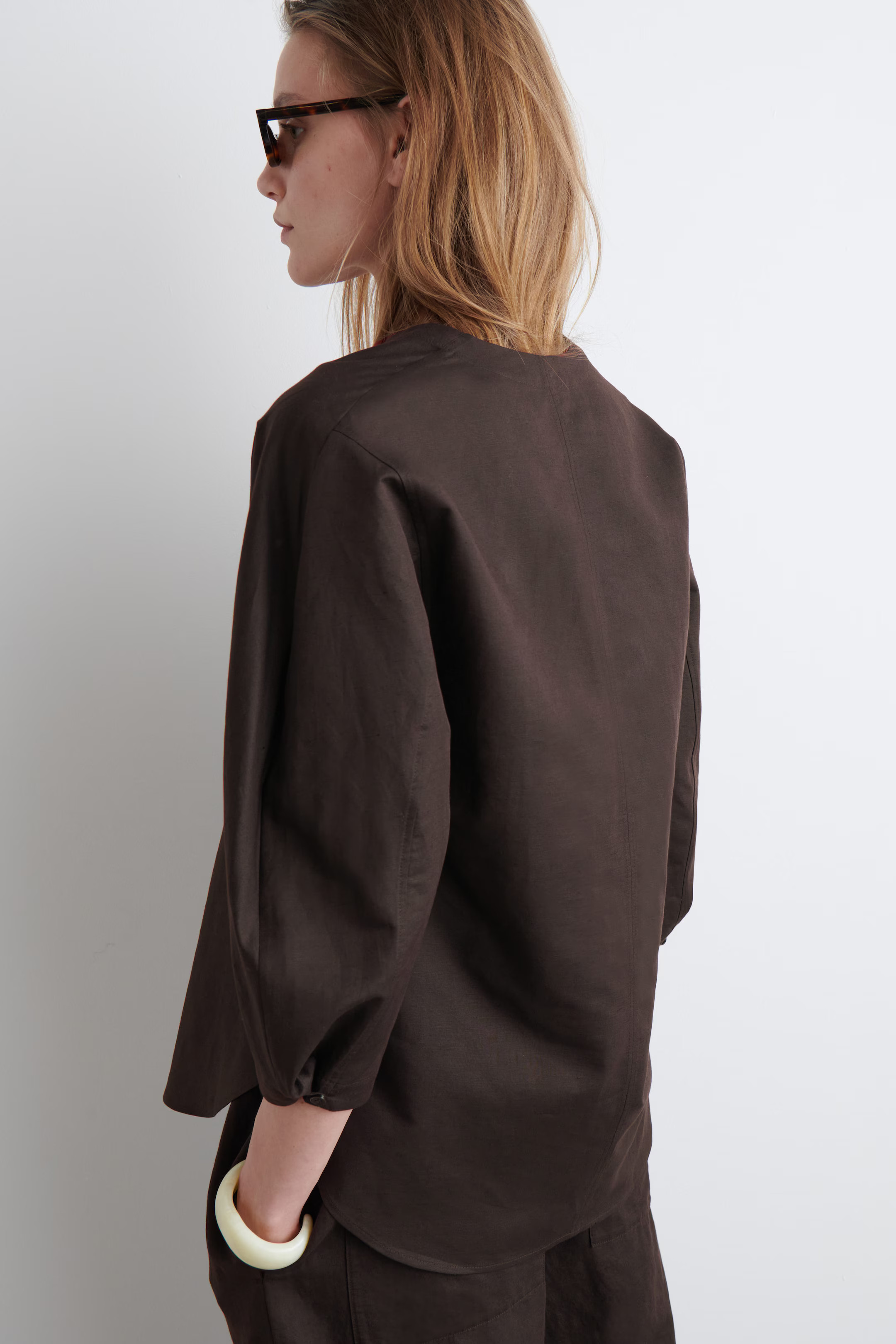V-NECK LINEN-COTTON SHIRT - DARK BROWN | COS UK