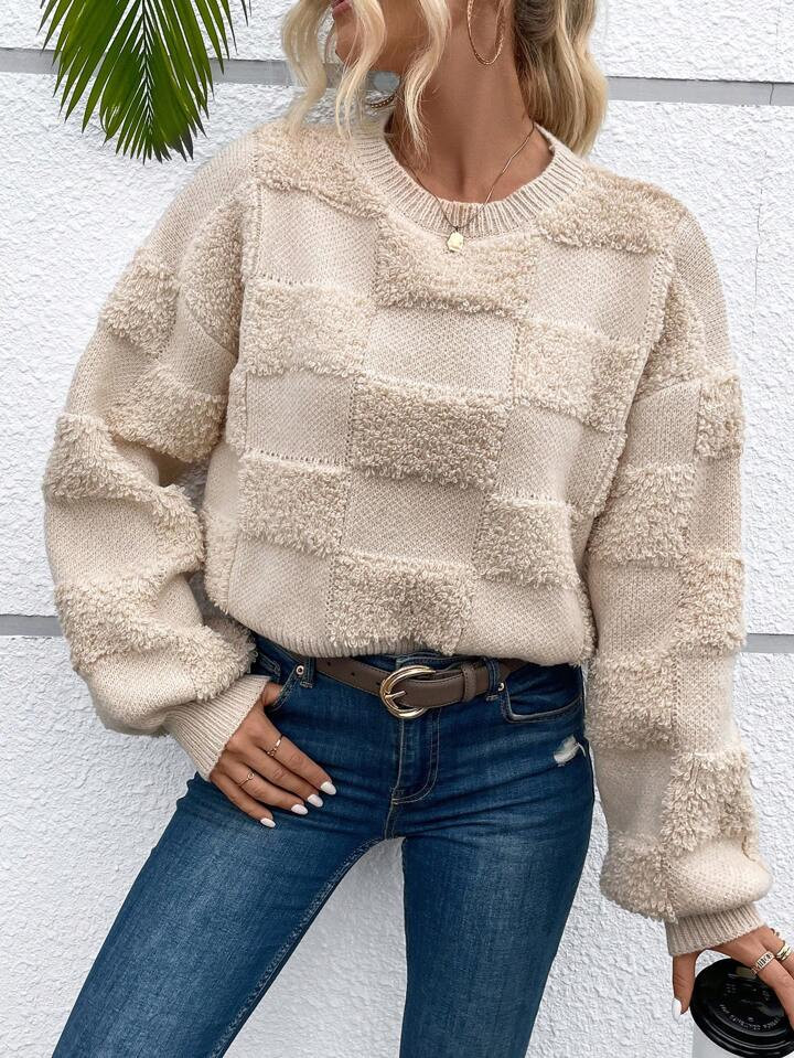 SHEIN Relaxiva Checkerboard Pattern Drop Shoulder Teddy Sweater | SHEIN