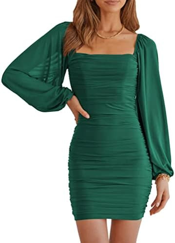 MASCOMODA Women Elegant Square Neck Lantern Long Sleeve Mini Ruched Bodycon Dress Stretch Mesh Sl... | Amazon (US)