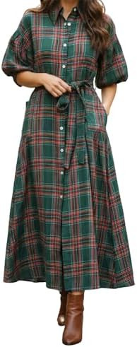 Women Long Shirt Dress Plaid Print Lantern Short Sleeve Button Down Dresses with Belt Pockets | Amazon (US)