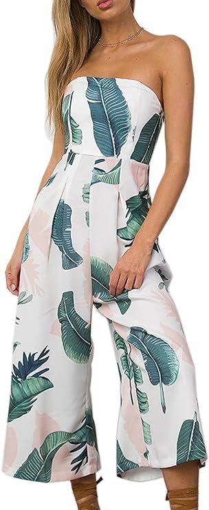 EOWISH Womens Floral Print Off Shoulder Romper Casual Strapless Wide Leg Pants Jumpsuit | Amazon (US)