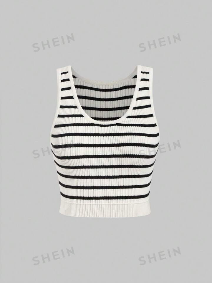 SHEIN EZwear Gestreiftes, Ärmelloses Strickoberteil Für Damen Mit Rundhalsausschnitt | SHEIN