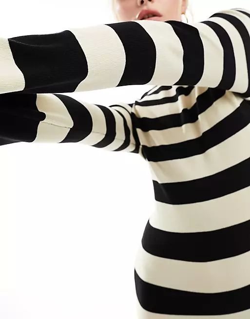 Pretty Lavish striped slash neck midaxi dress in black and beige | ASOS (Global)