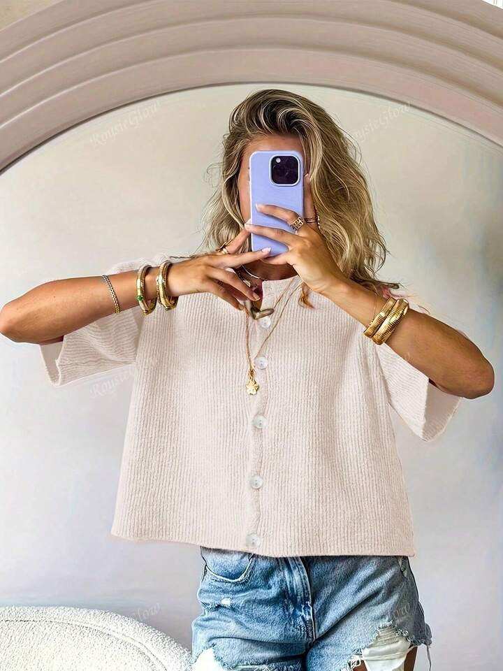 Women's Knitted V-Neck Short-Sleeved Cardigan With Front Button Decoration, Simple, Fashionable A... | SHEIN