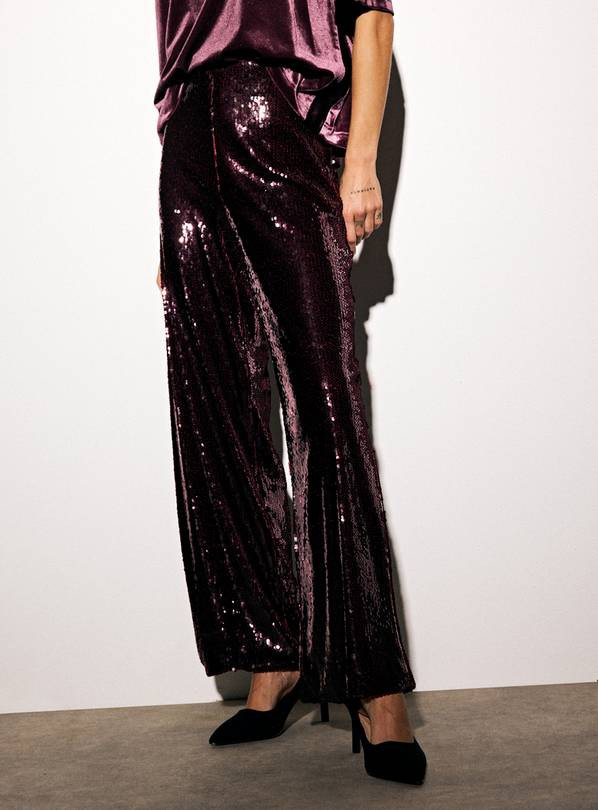 Burgundy Sequin Embellished Wide Tailored Trousers  16L | Tu Clothing