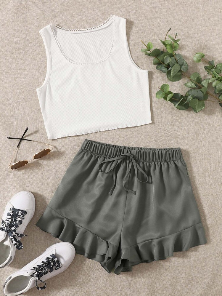 Rib Tank Top & Ruffle Hem Shorts | SHEIN
