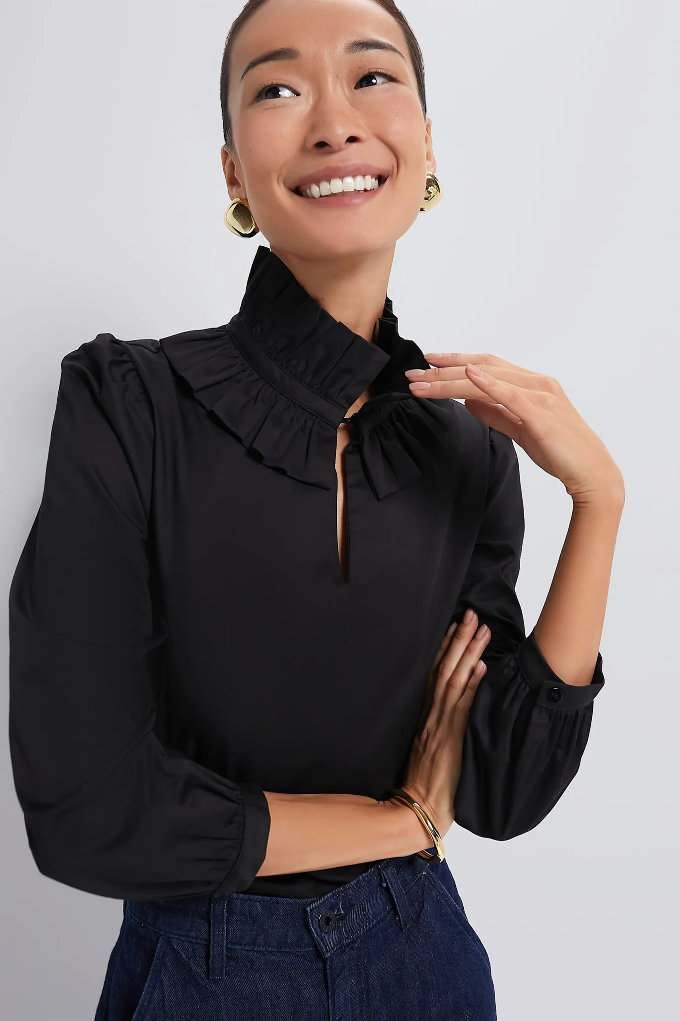 Black Ruffle Neck Bouvier Blouse | Tuckernuck (US)