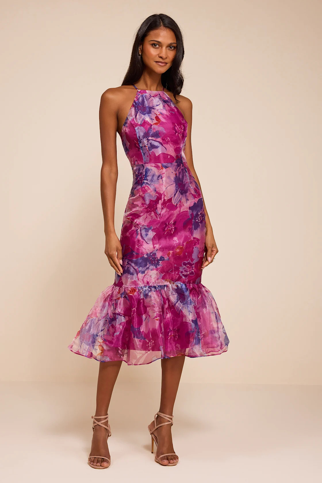 Admirable Essence Magenta Floral Organza Trumpet Midi Dress | Lulus