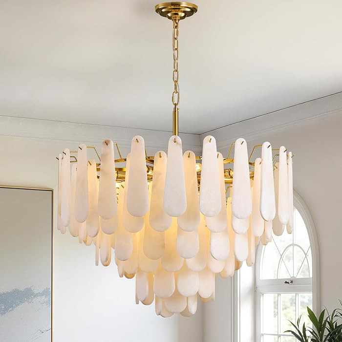Alabaster Chandelier, D31.5 in Modern Feathery Round Chandelier, 6-Tiers Luxury Large White Marbl... | Amazon (US)