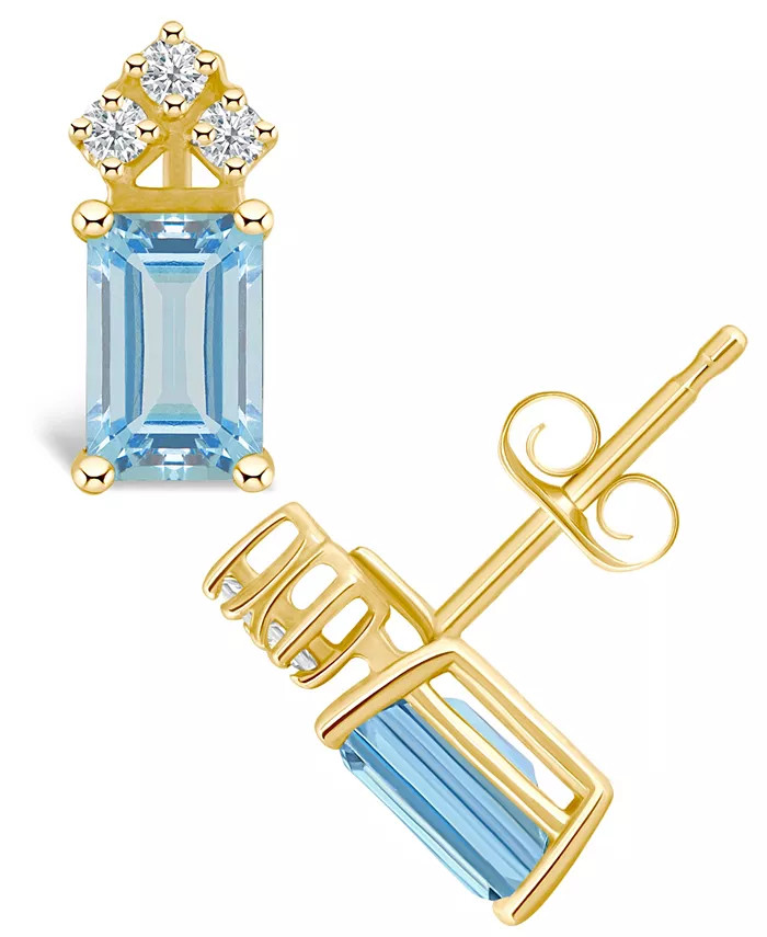Macy's Aquamarine (1 ct. t.w.) and Diamond (1/8 ct. t.w.) Stud Earrings in 14K Yellow Gold or 14K... | Macy's