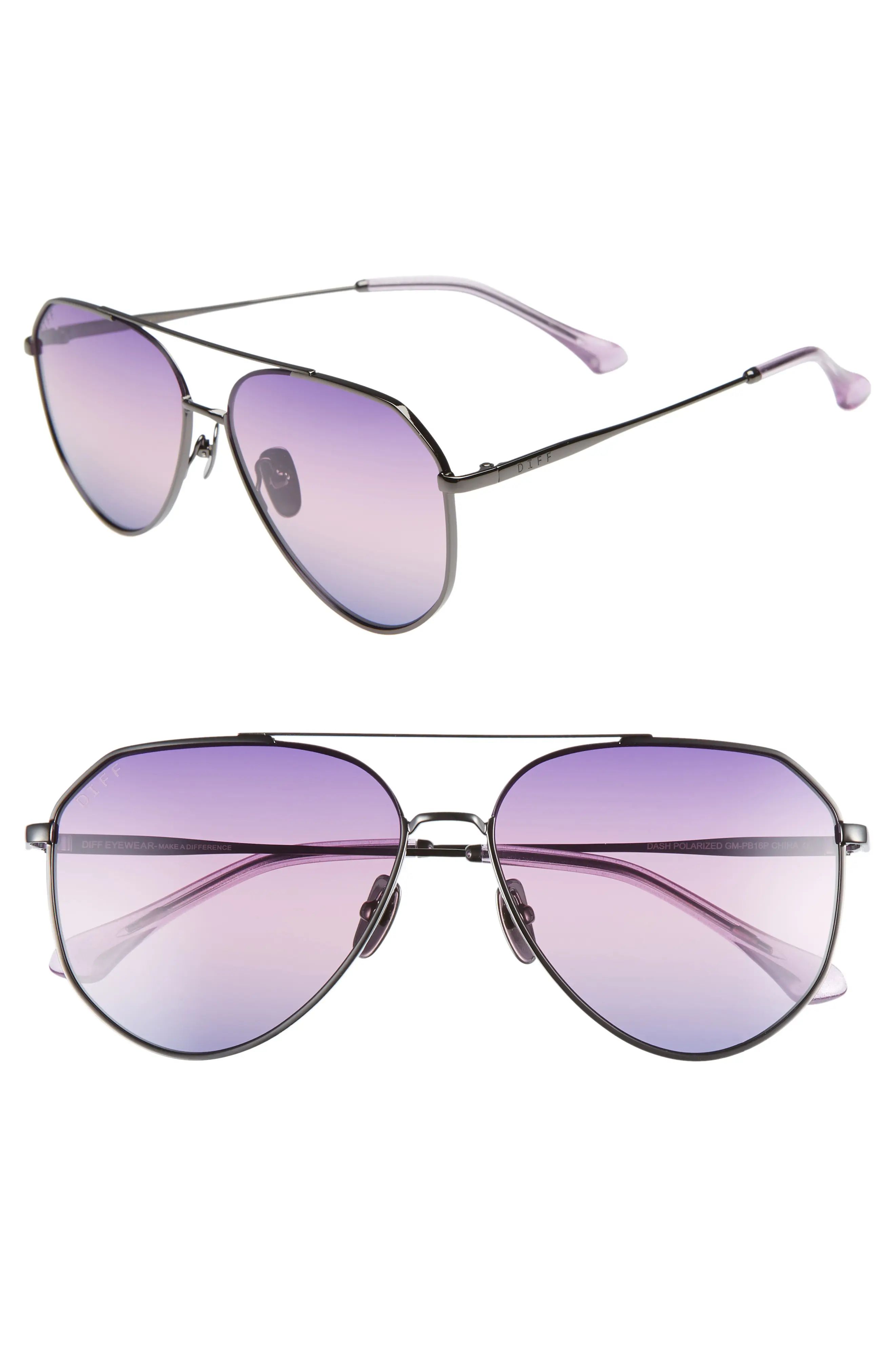 Women's Diff Dash 58Mm Aviator Sunglasses - Gunmetal/ Purple/ Pink | Nordstrom