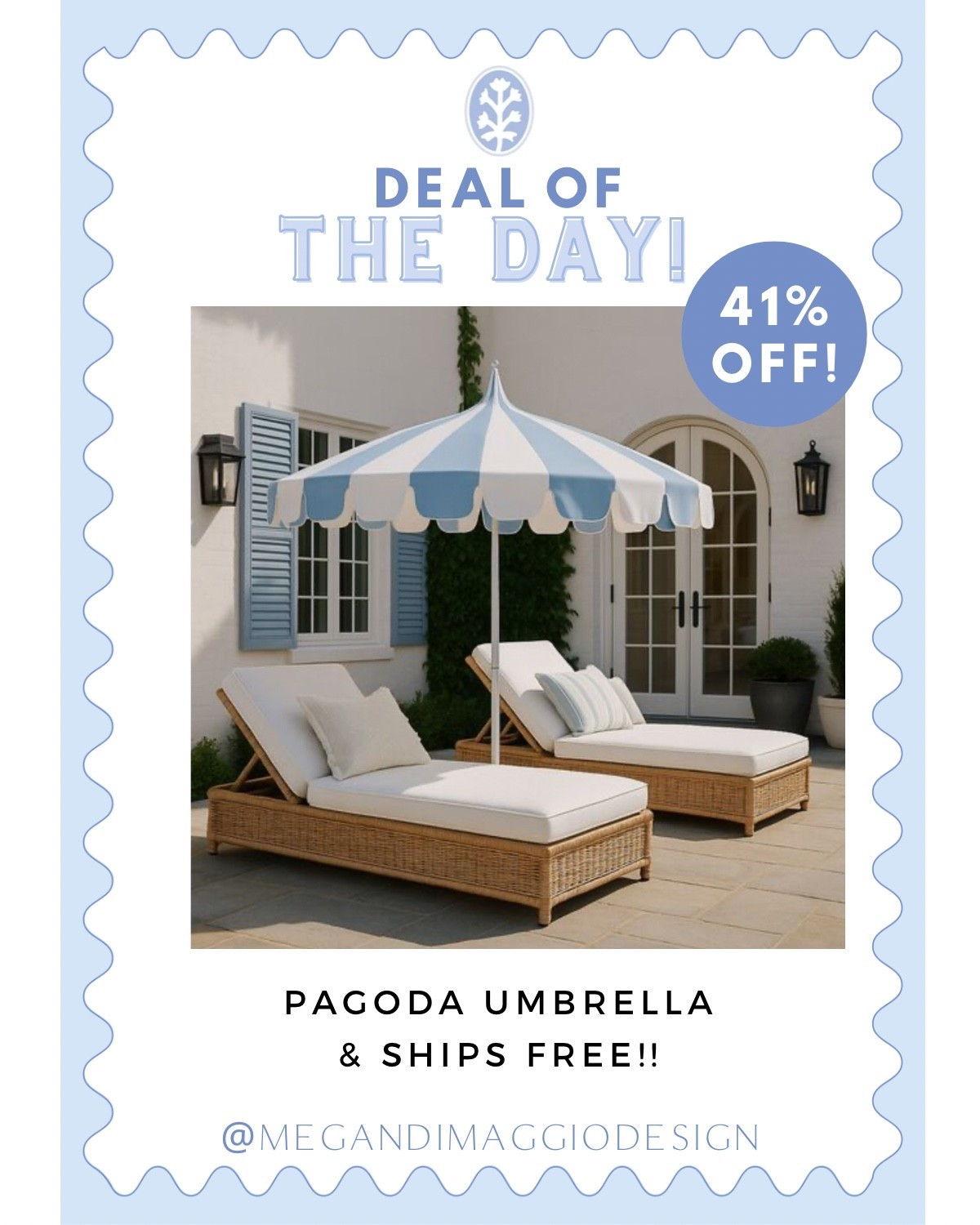 New look for less blue and white pagoda style outdoor patio umbrella that’s a great Serena & Lily look for less and is currently 41% OFF!! 🙌🏻 plus ships free right now!! ☀️

#LTKSaleAlert #LTKHome #LTKSeasonal